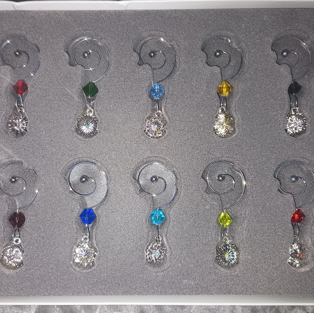 Waterford Crystal Snowflake Wishes Wine Charms Set Of 10 Complete 10yr Anniv.